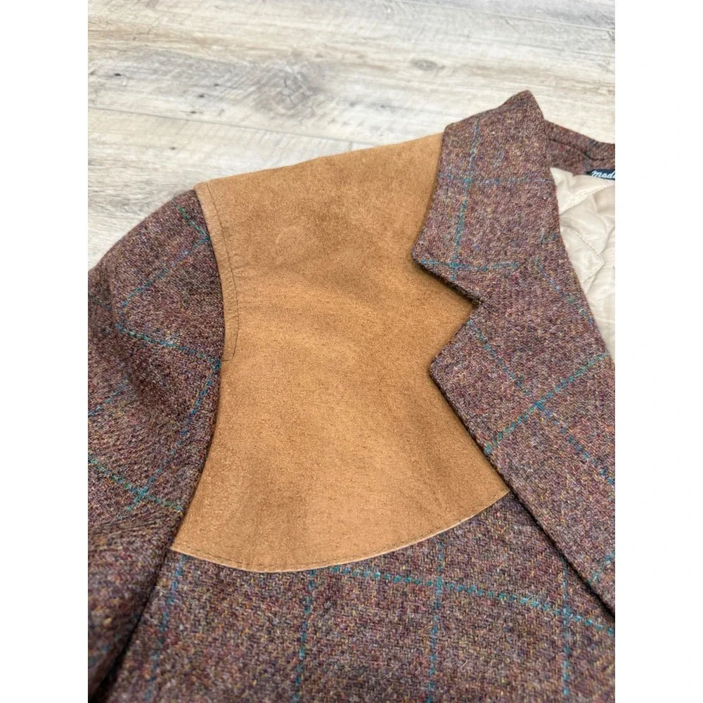 Cesarani Mens XXL Wool Tweed Shooting Jacket Suede Patches Brown Plaid Coat